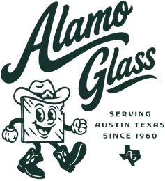 A black and white logo for alamo glass with a building in the middle.