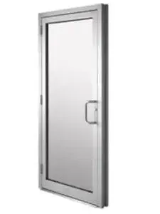 A stainless steel door with a handle on a white background.
