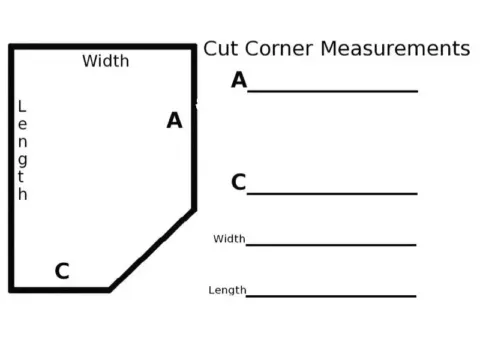 A black and white diagram of a cut corner measurements.