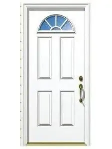 A white door with a window on top of it.