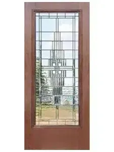 A wooden door with a stained glass window on it.