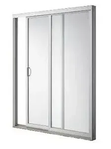 A white sliding glass door with a handle on a white background.