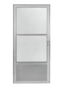 A white screen door with a glass window and a sliding glass door.