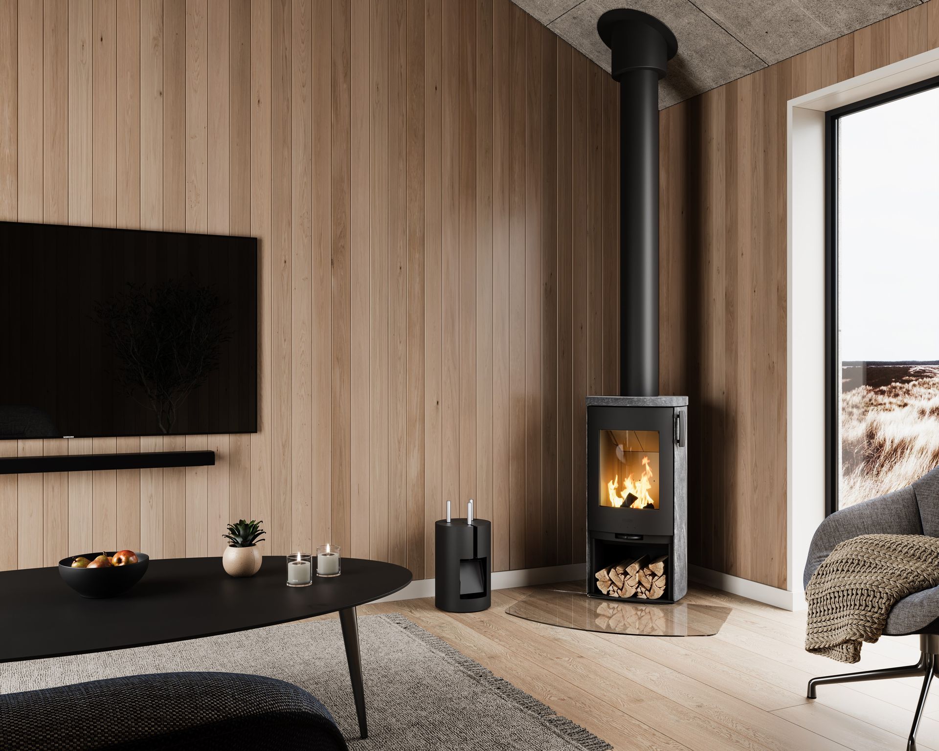 Corner installation of a Heta Icon-Line Eclipse wood burning stove fully clad in Soapstone