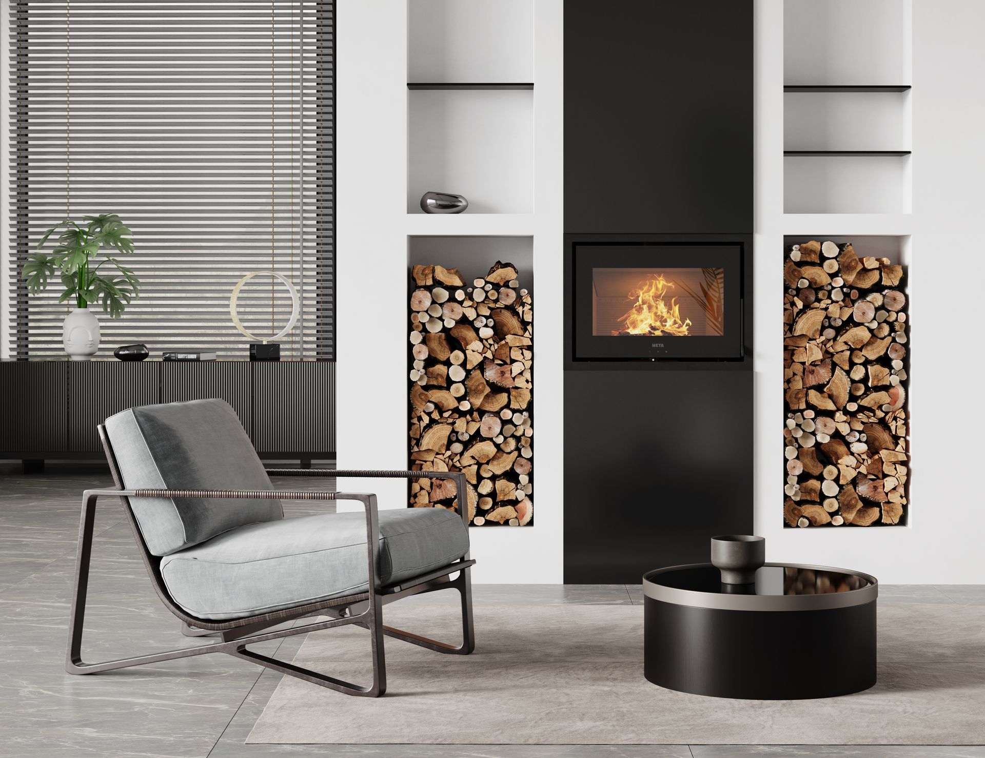Heta Vista cassette stove built into a wall with log stores on both sides