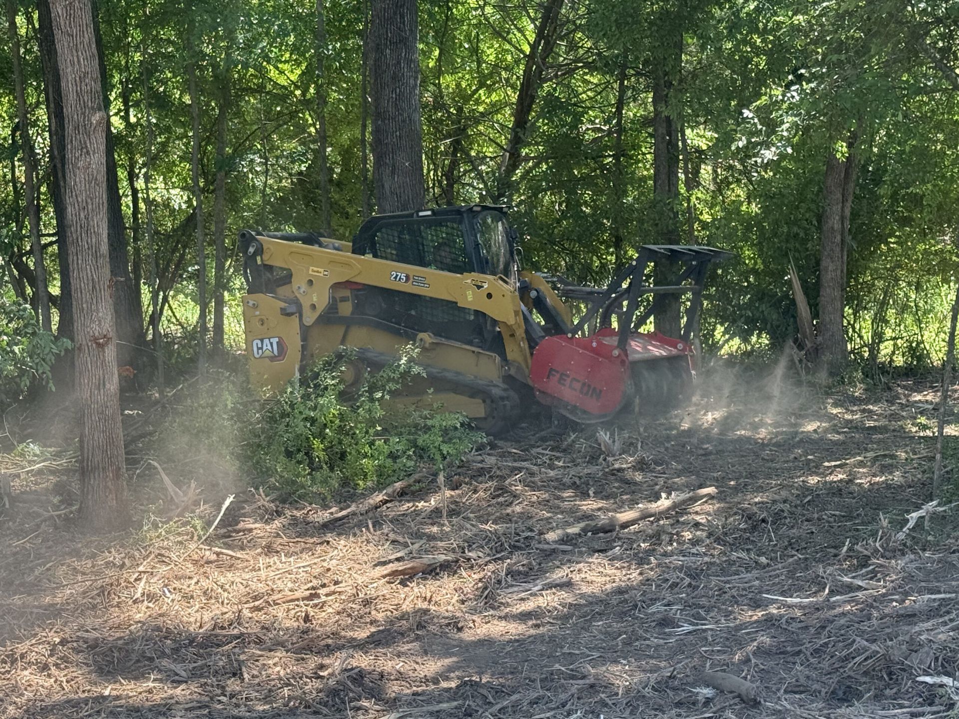 Yellow skid steer clearing brush in a wooded area, with dust and tree trunks around it