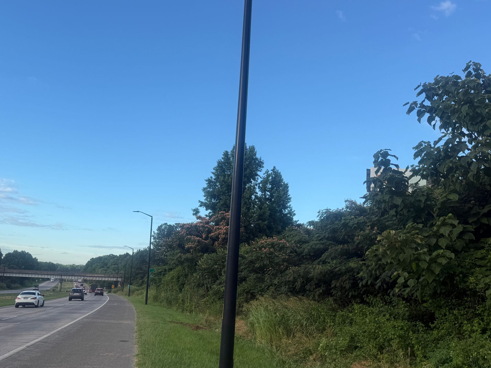 Roadside view with cars on a highway, a tall lamppost, and trees under a clear blue sky