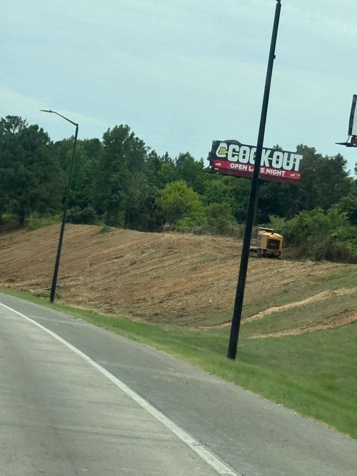 Roadside billboard in a grassy embankment by a highway, with trees and a utility pole nearby.