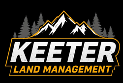 KEETER Land Management logo with white mountains, gray pine trees, and orange accents on a black background