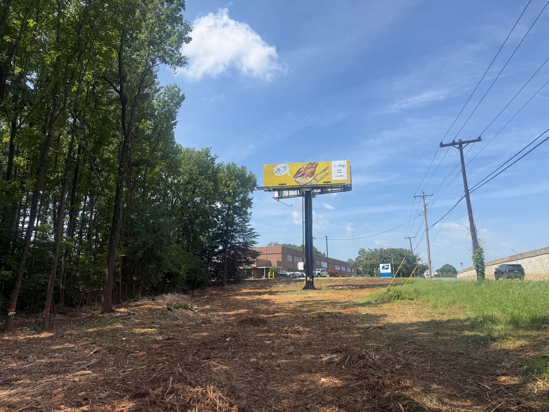 Rural roadside with trees, dirt shoulder, utility poles, and a yellow billboard under a blue sky