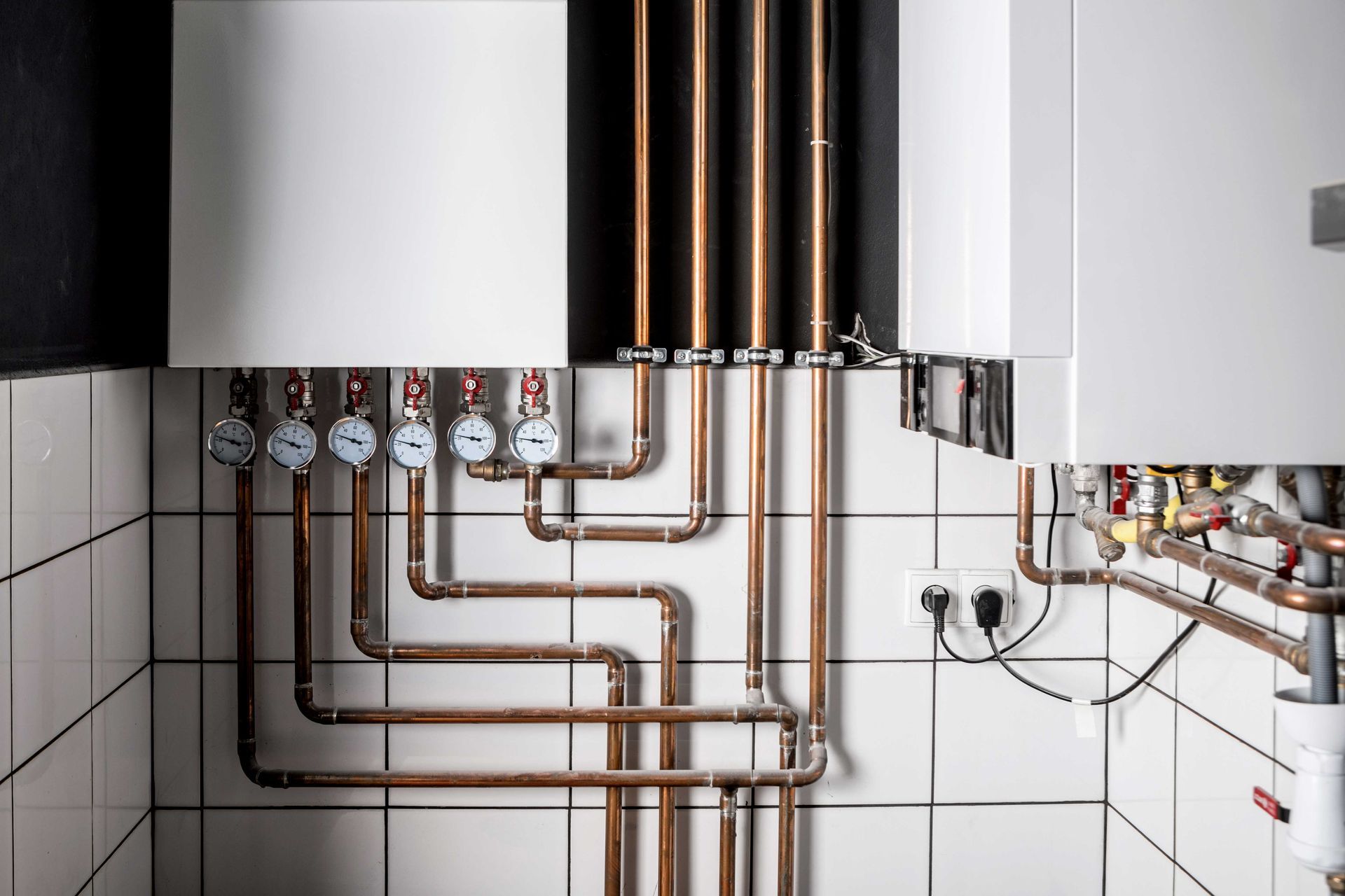 Copper pipes, gauges, and a boiler against white tiled wall.
