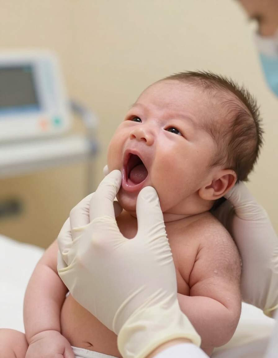 Clinician examining a baby's mouth during a tongue tie evaluation