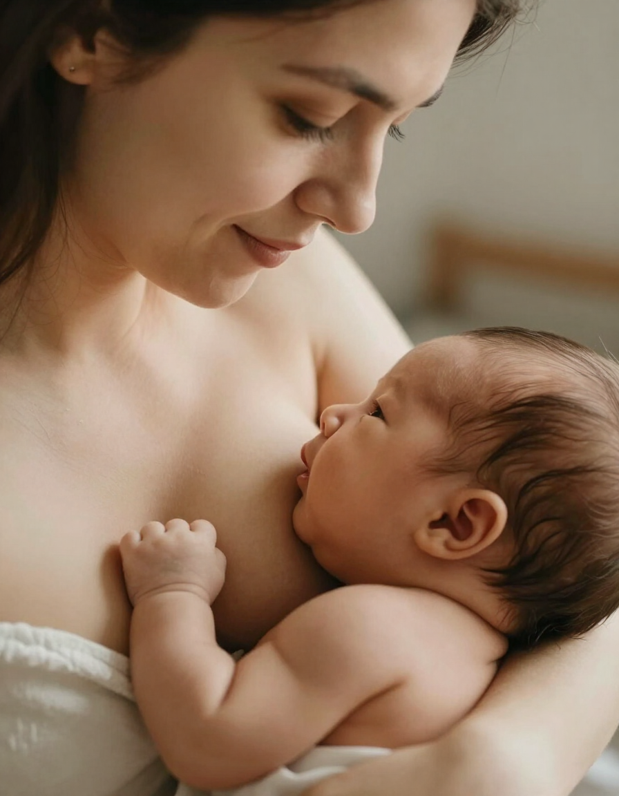 Mother breastfeeding her newborn in a warm, intimate setting