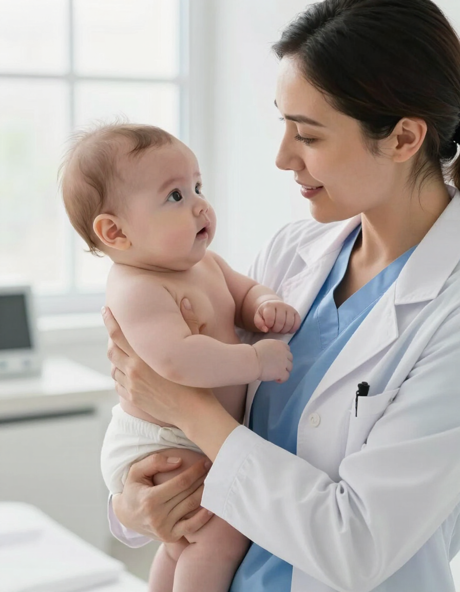 Clinical staff member gently examining a young infant