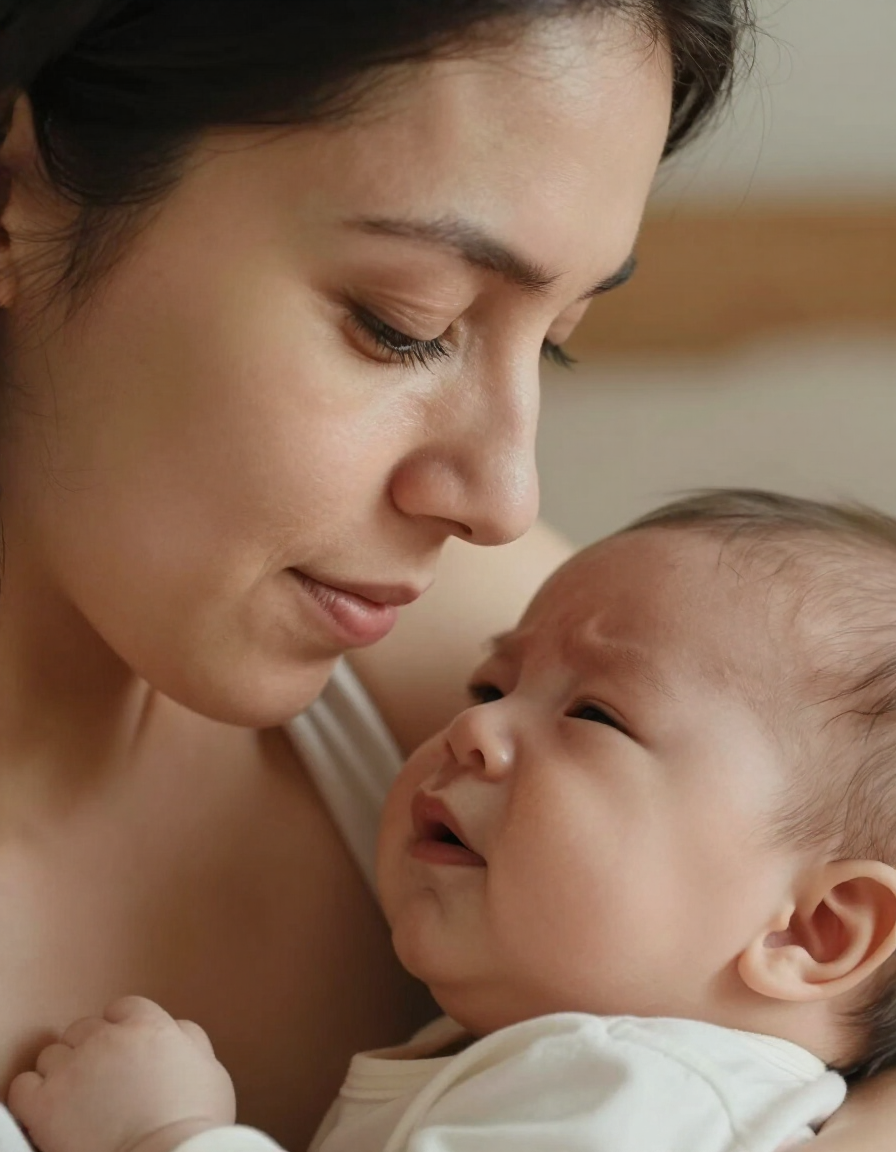 Mother looking at struggling infant during breastfeeding