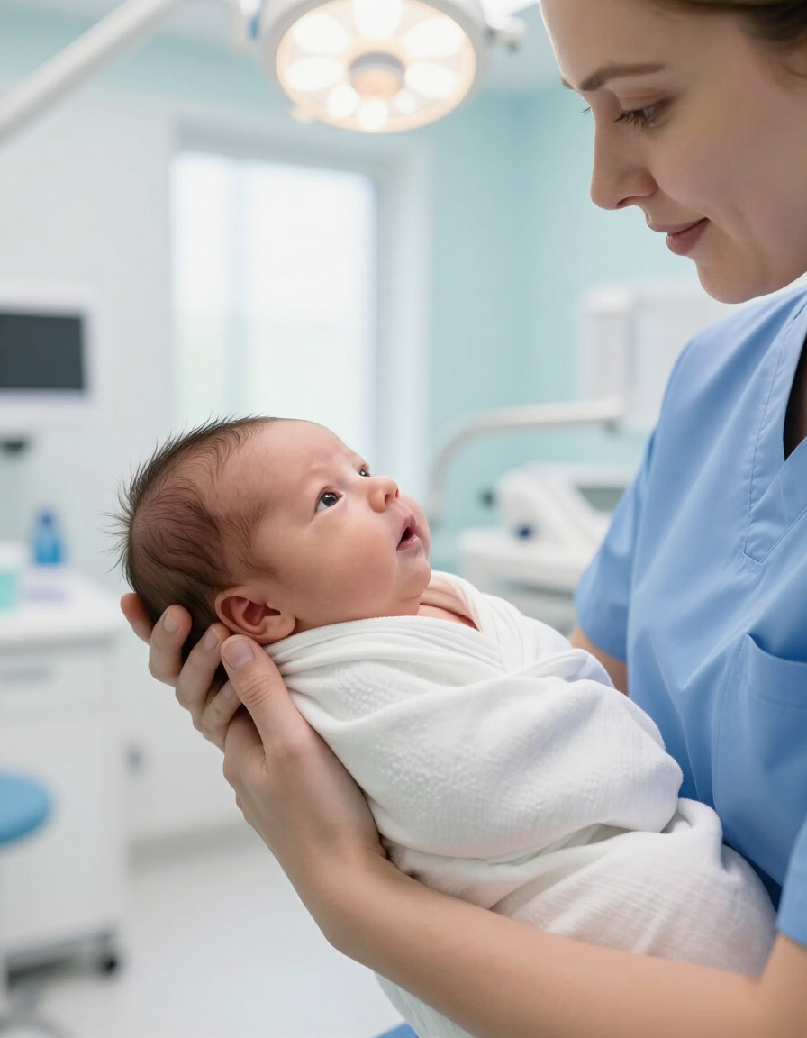 Provider gently holding a swaddled infant in a welcoming clinic