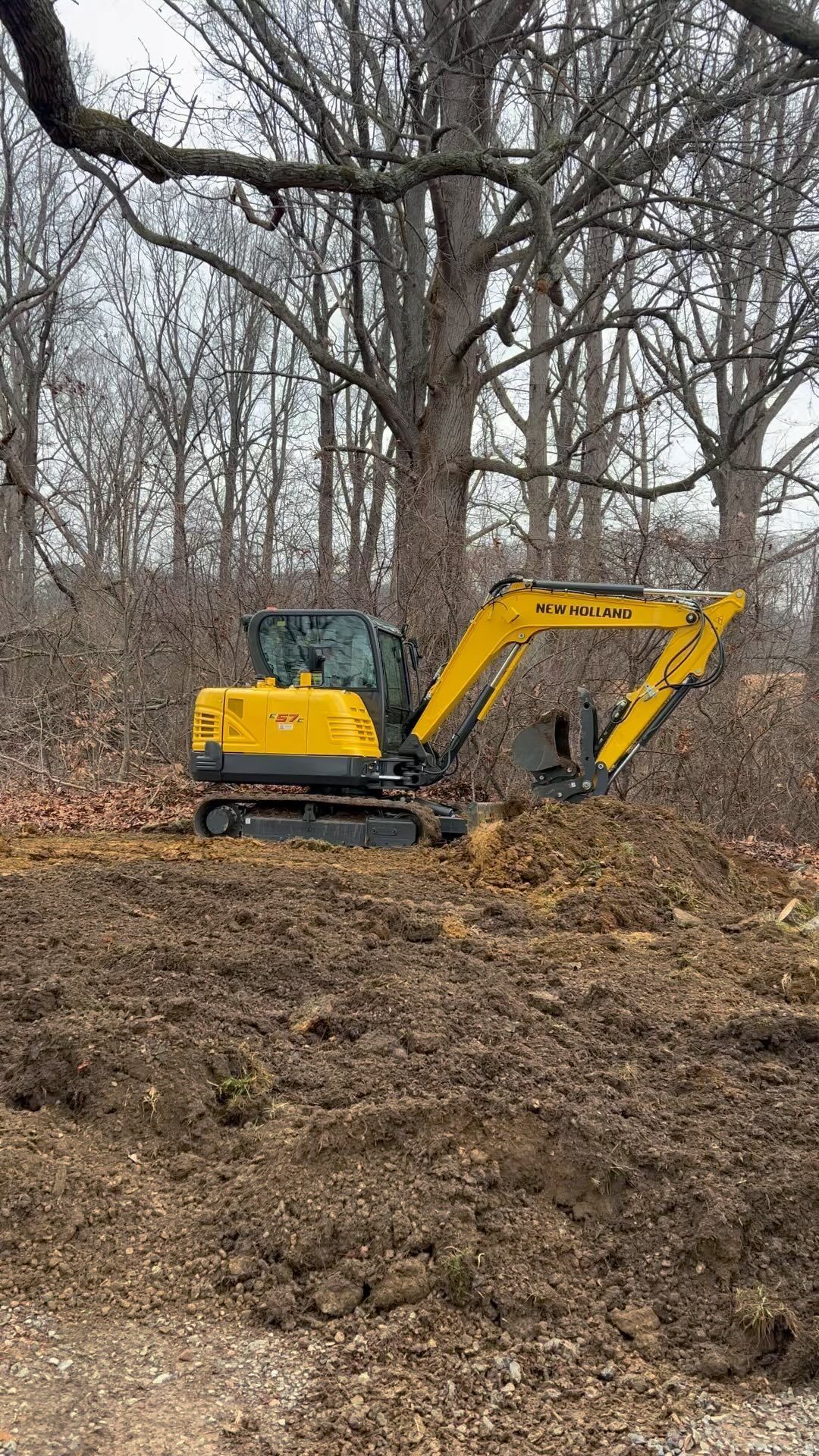 Yellow excavator digging in a muddy area, surrounded by trees.
