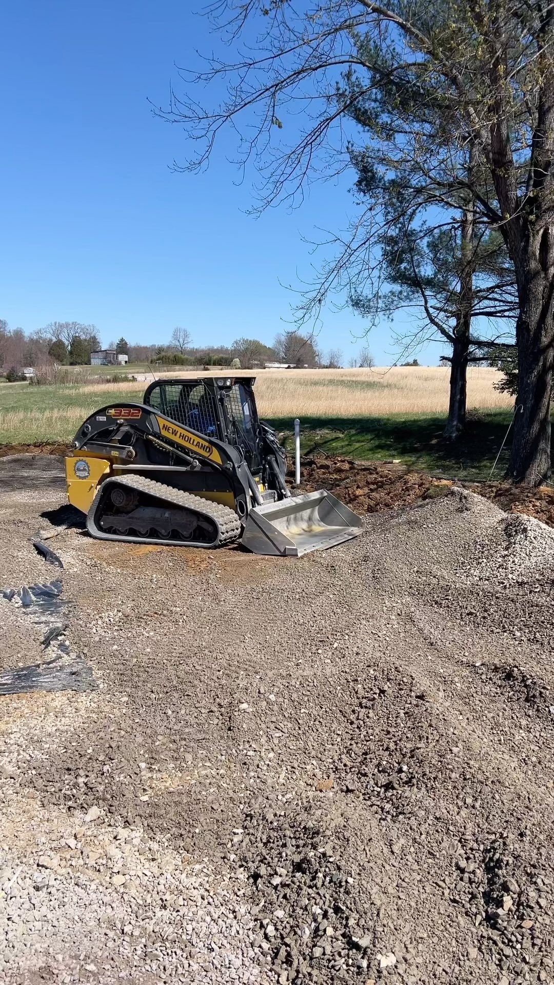 Yellow skid steer loader parked on gravel near a tree, field in the background. Sunny day.
