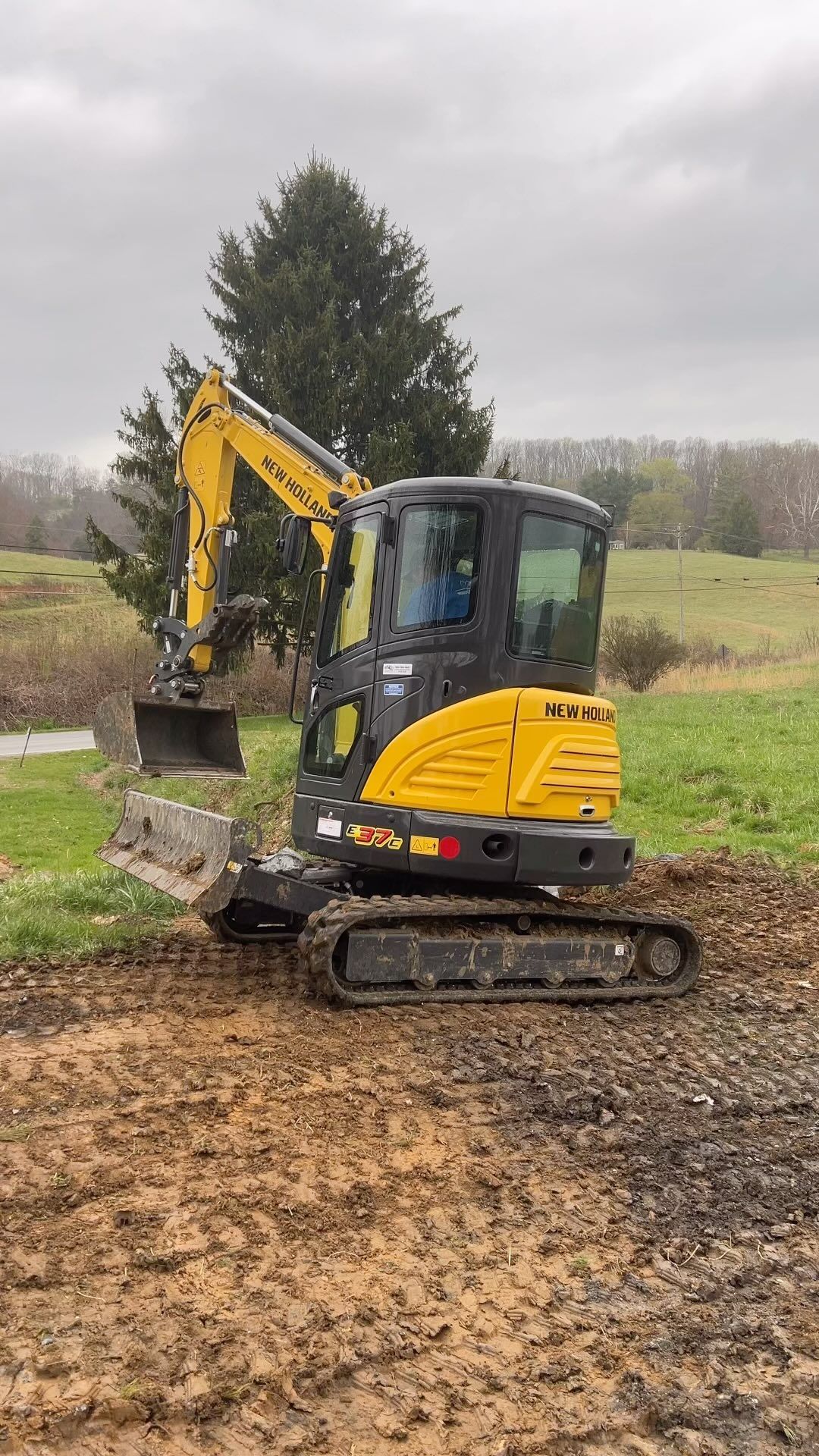 Yellow and black excavator on muddy ground, near a tree, in an outdoor setting.