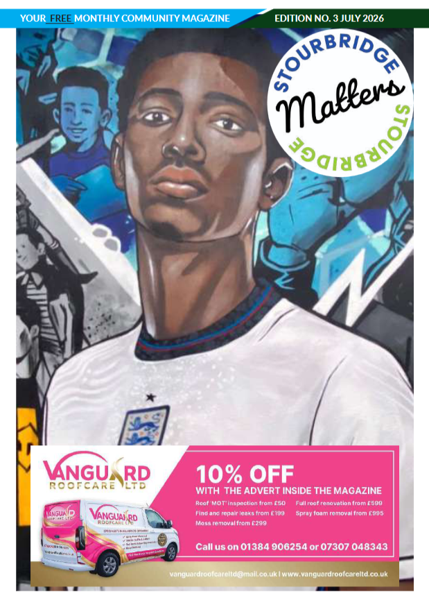Front cover of Stourbridge Matters Magazine July 2026, featuring artwork of Jude Bellingham. 