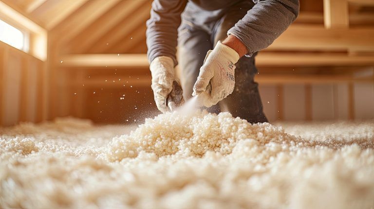 Person in gloves spreading insulation in a wooden attic.