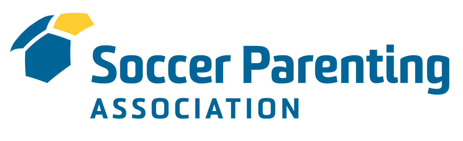 Soccer Parenting Association logo featuring blue text with stylized soccer ball design in blue and yellow.