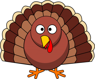 Cartoon turkey with brown body and tail feathers, yellow beak, red wattle, and orange feet.