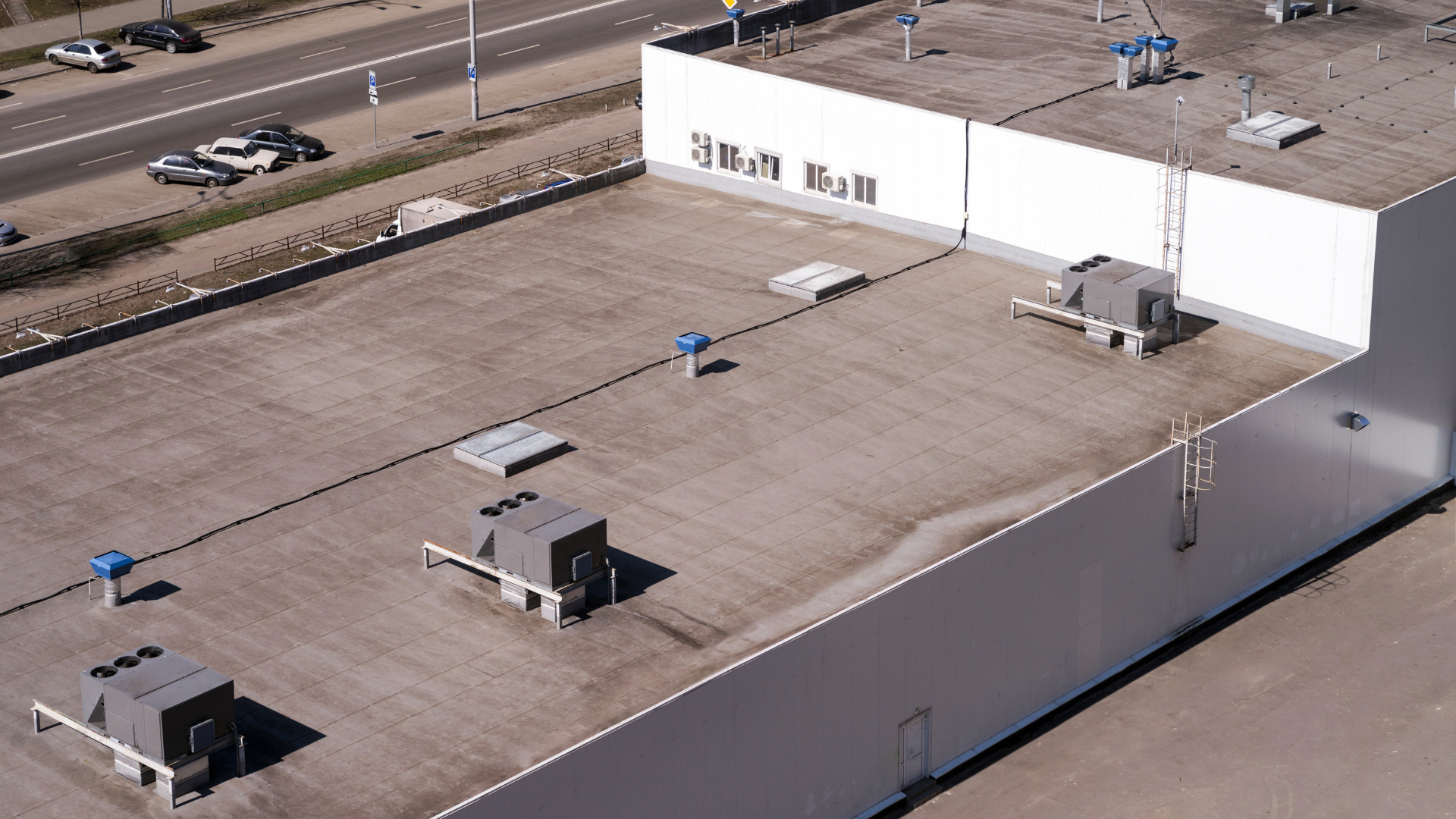 An aerial view of the roof of a large building