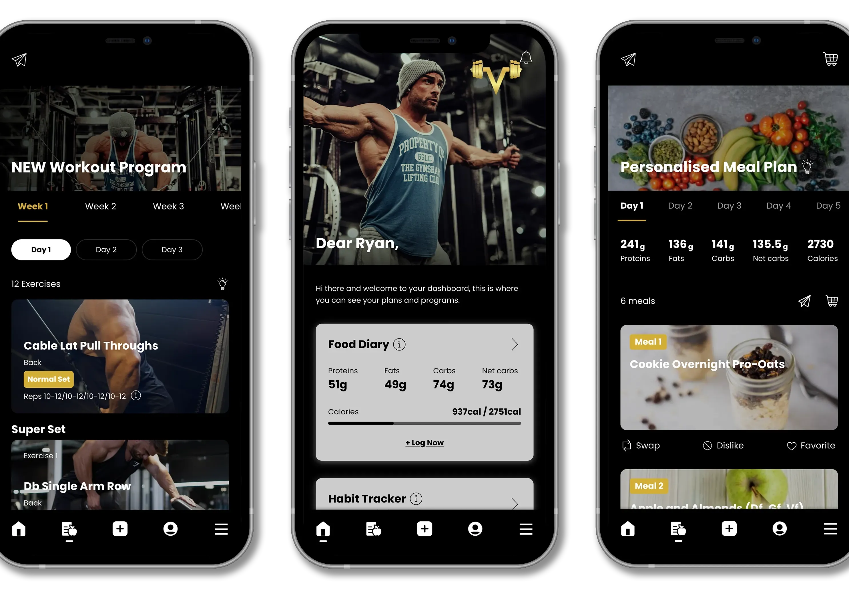 Fitness app showcasing workout and nutrition tracking features.