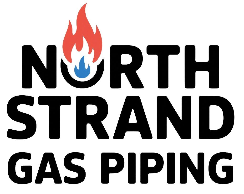 A logo for North Strand Gas Piping featuring a red and blue flame icon above the bold, black text.