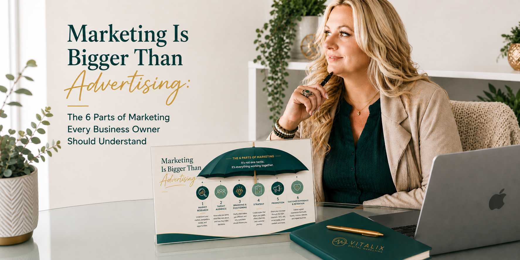 Business owner reviewing the six parts of marketing, from research and branding to customer