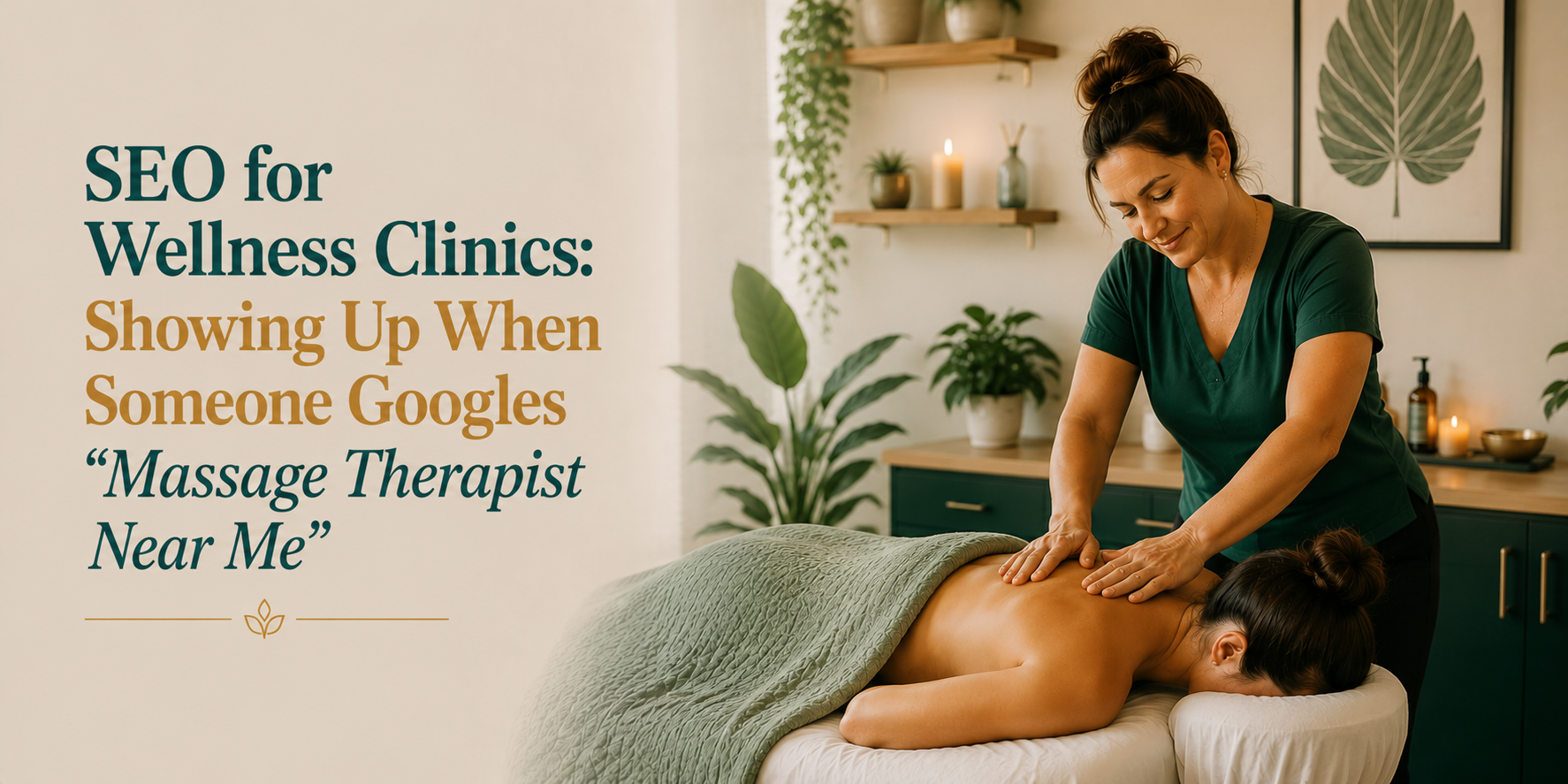 Massage therapist treating a client in a calm wellness clinic, highlighting local SEO for massage se