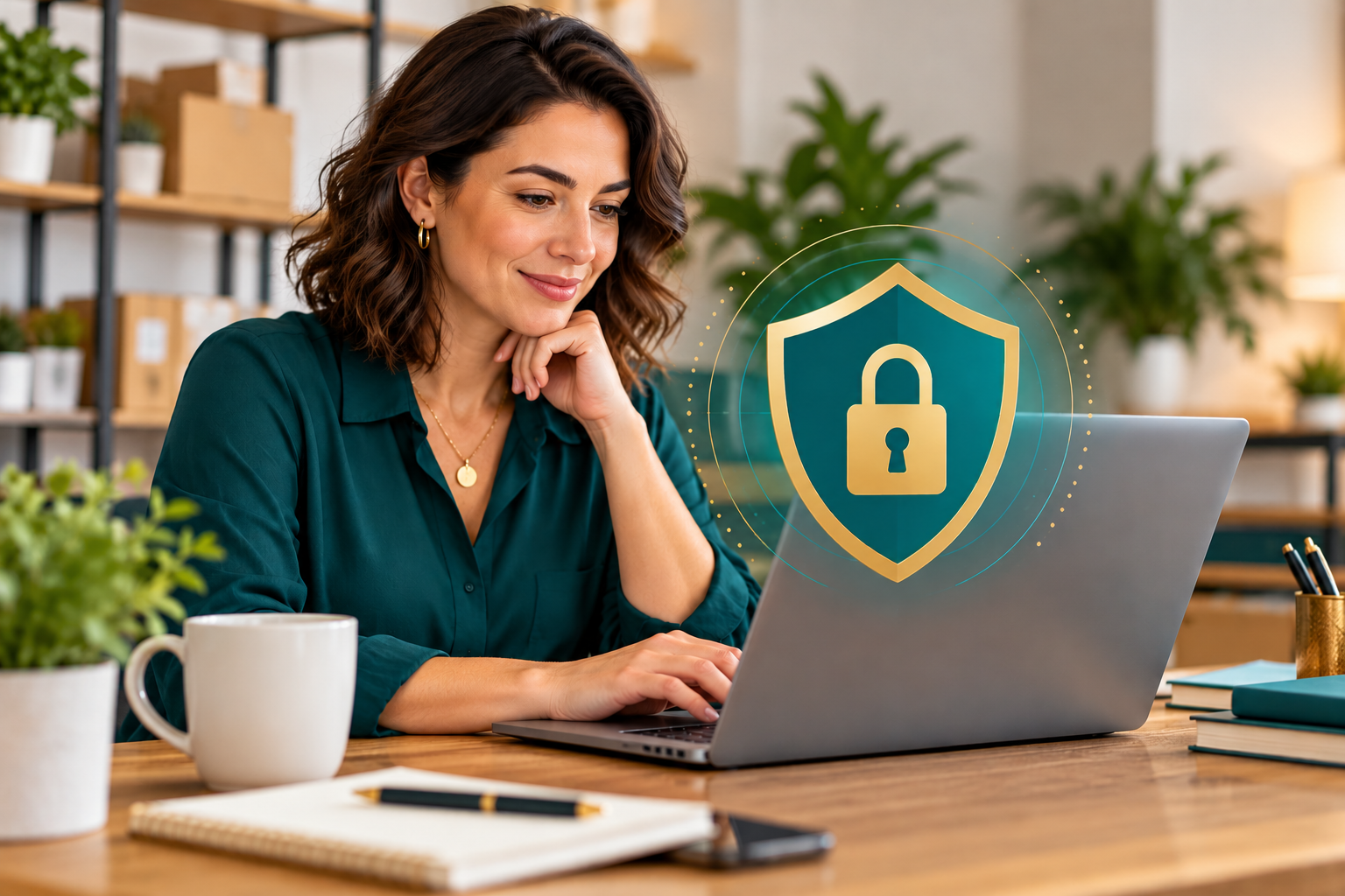 Business owner working on a laptop with a teal and gold cybersecurity shield and padlock symbol