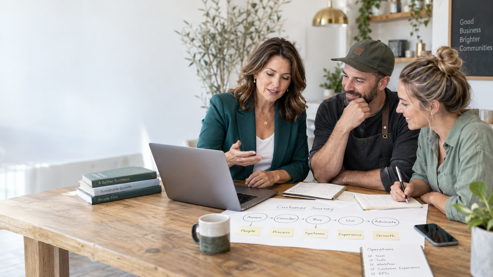 Business consultant reviewing customer journey, operations and growth plans with a small business