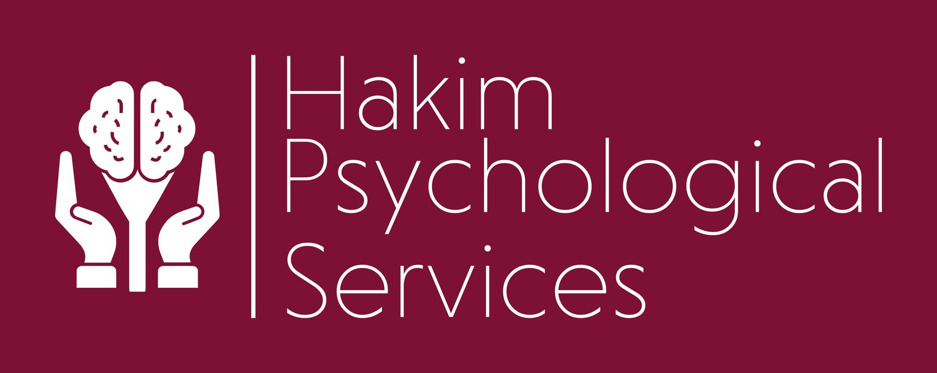 Logo of Hakim Psychological Services: Brain in hands, white on burgundy background.