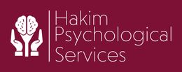 Logo of Hakim Psychological Services: Brain in hands, white on burgundy background.