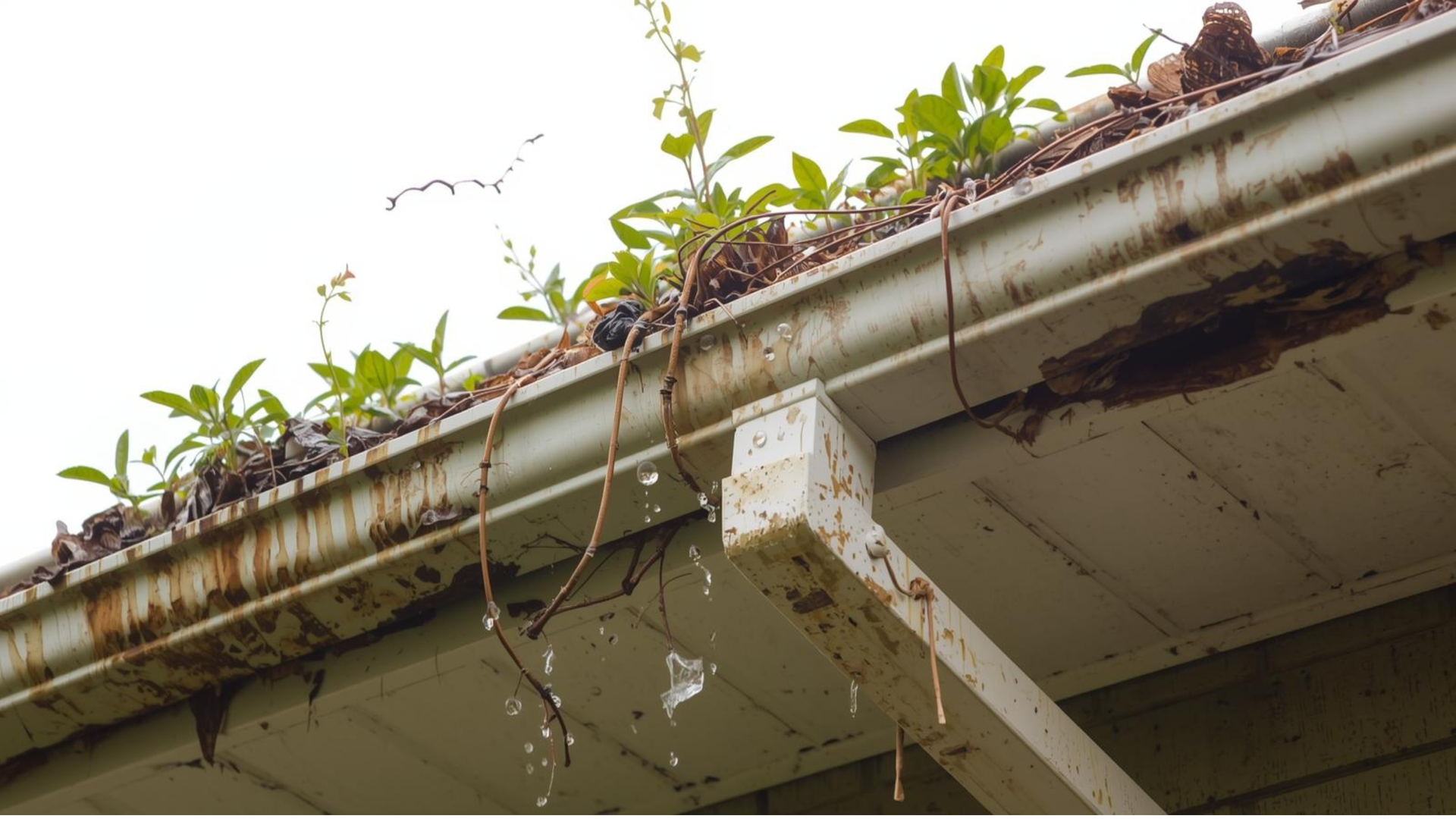 Overgrown roof gutter with weeds and a hanging vine on a white house eave