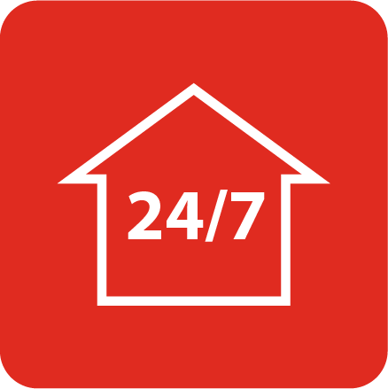 White outline of a house containing the text