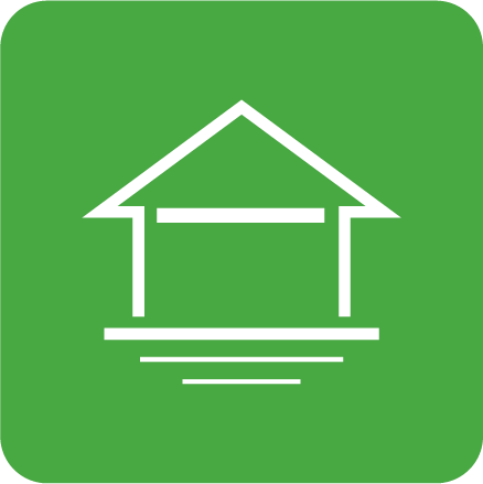 A white line drawing of a house icon centered on a solid green, rounded square background.