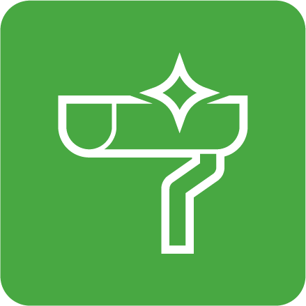 A white line-art icon of a clean gutter and downspout with a sparkle symbol, set against a solid green square background.