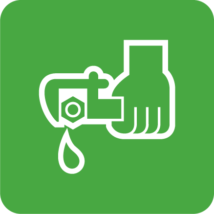 A green square icon showing a hand turning a faucet, from which a water droplet is falling.