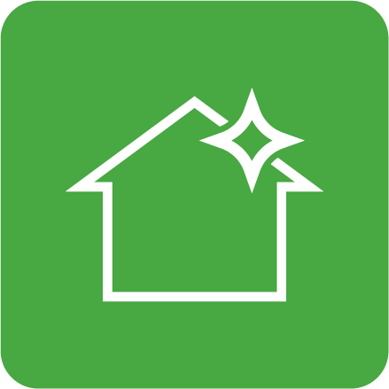 A white outline of a house with a sparkling star symbol on a green rounded square background.