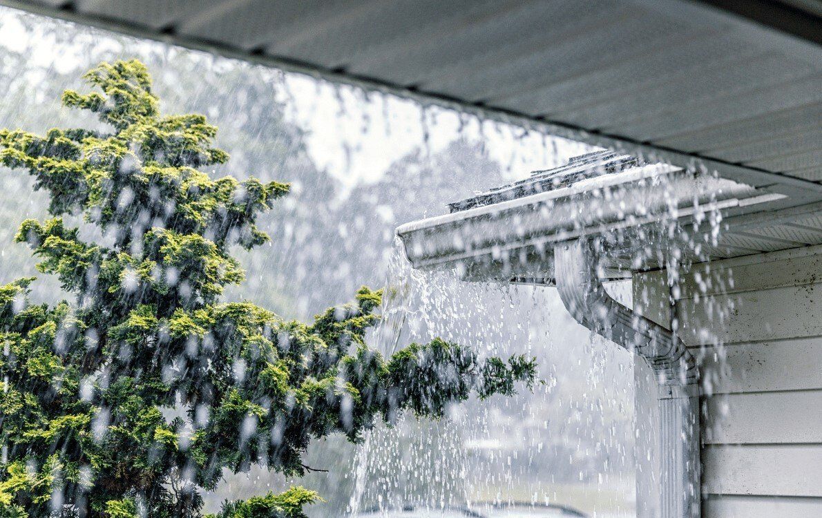 Rain pours heavily from a house roof edge and overflowing gutter next to a green tree.