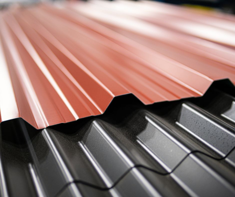 Close-up of red and black corrugated metal roofing panels with overlapping ridges