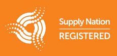 Supply Nation Registered logo: an orange background with a white spiral graphic and white text.