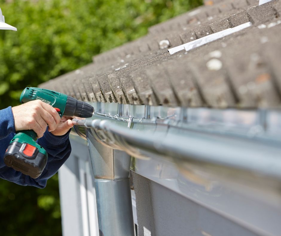 A person using a cordless drill to attach a metal gutter to the side of a tiled roof.