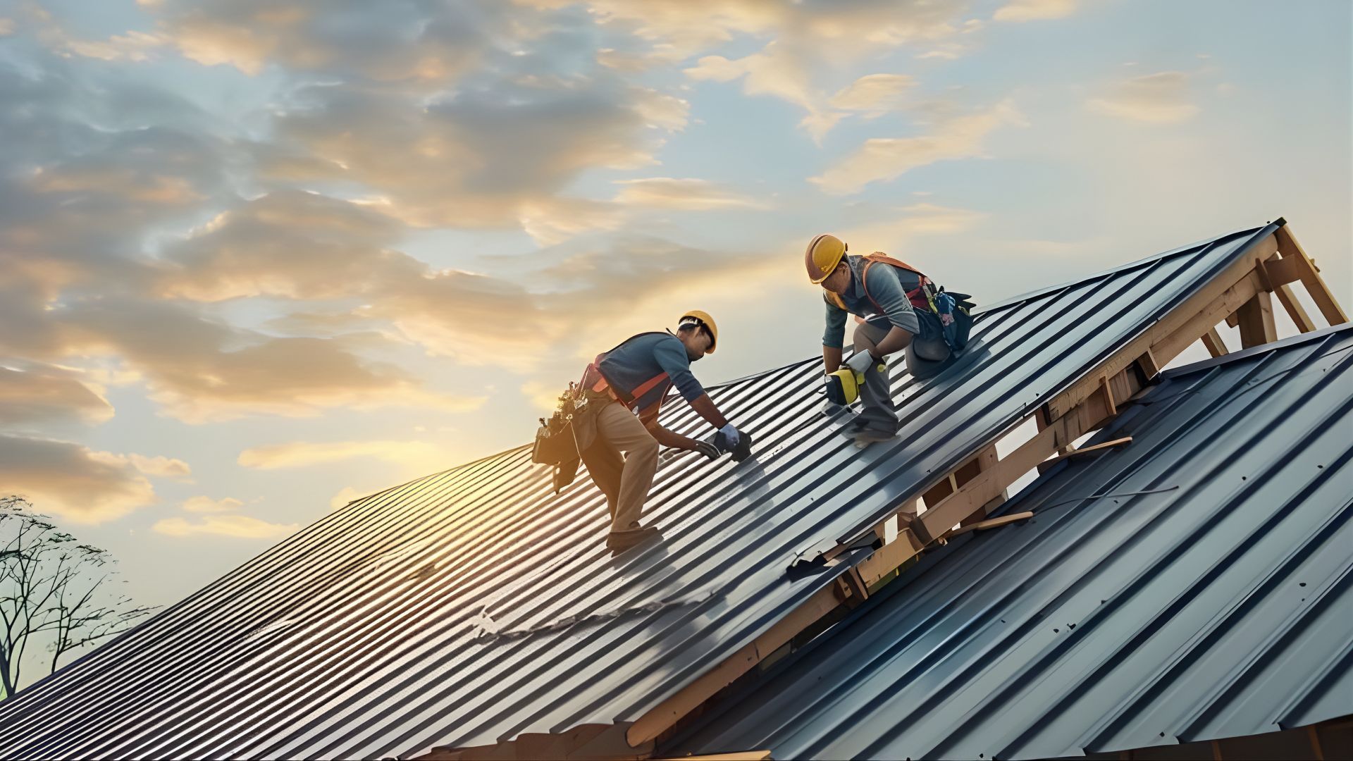 Workers repairing a metal roof at sunset, with one kneeling and one standing on the sloped rooftop.