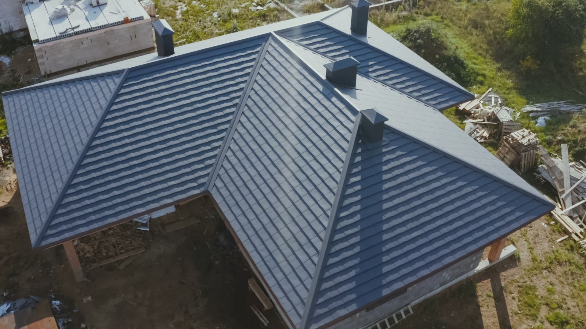 Aerial view of a residential roofing.