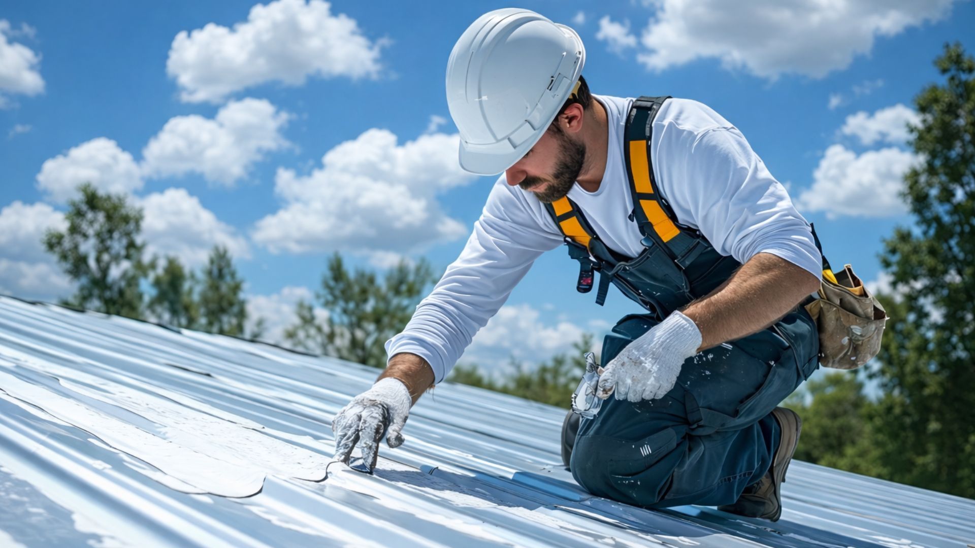Roofer in safety harness inspecting and applying sealant on a metal roof under a blue sky.