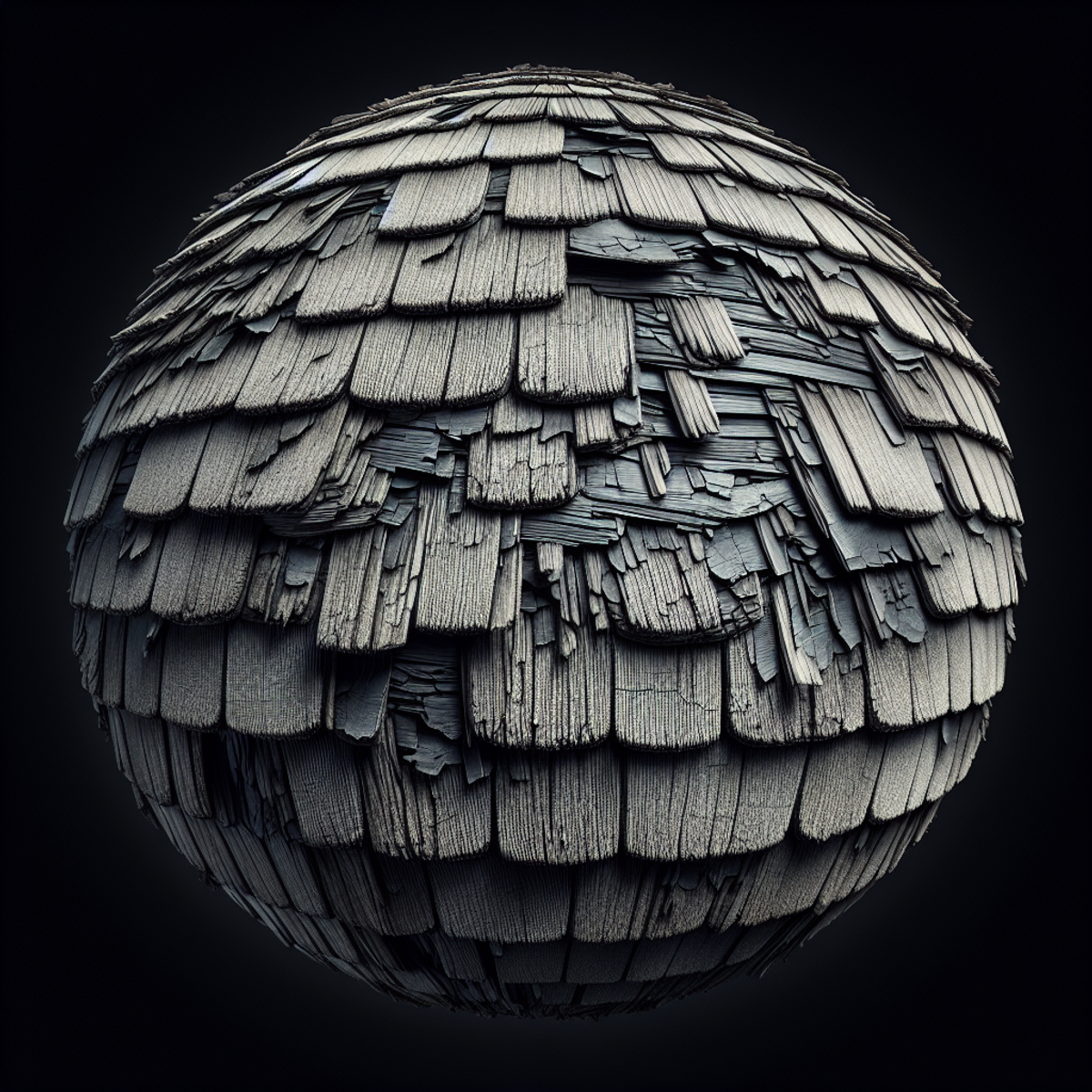 A sphere textured with weathered, decaying wooden shingles against a plain black background.